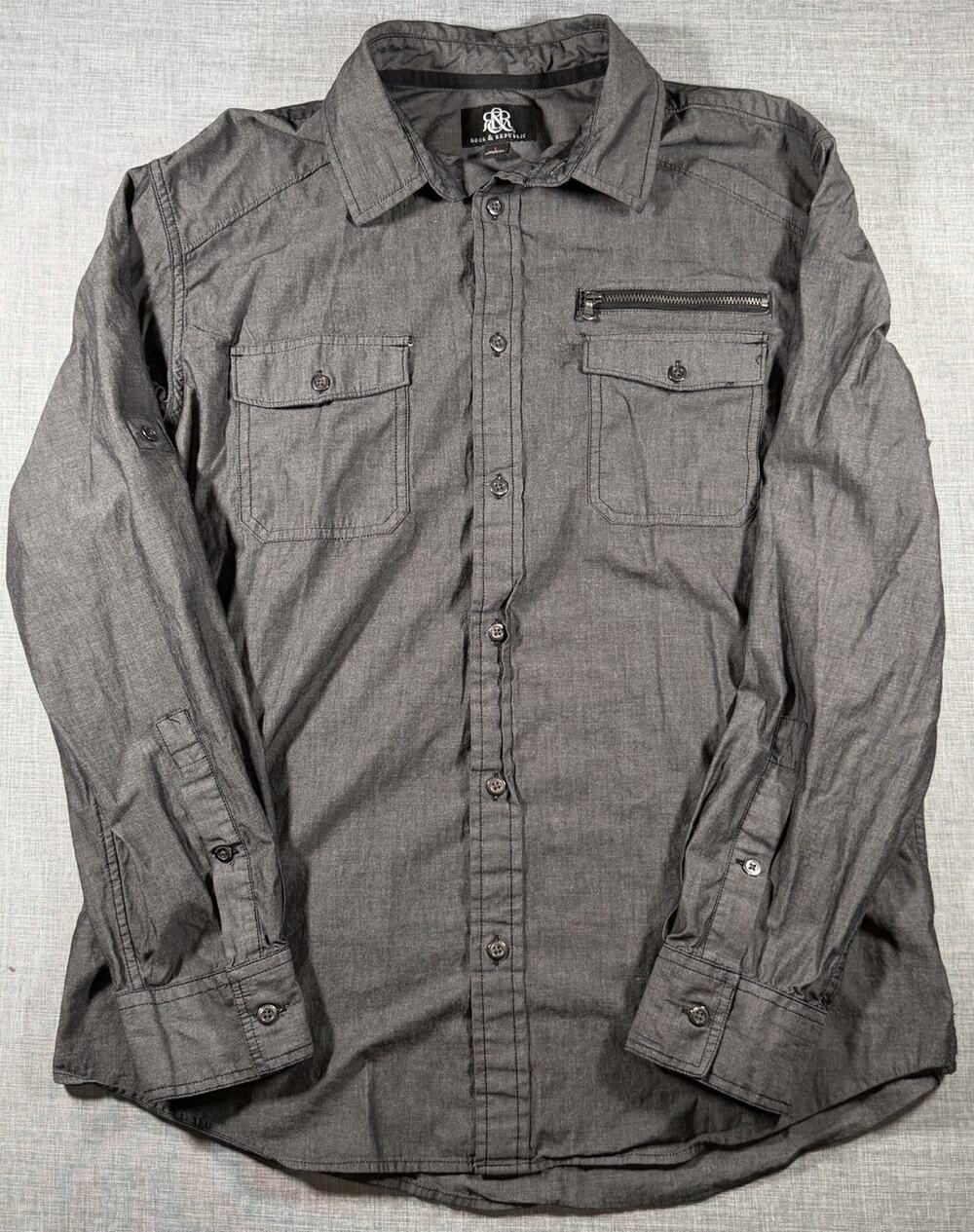 Rock & Republic Button Up Shirt Mens Large Gray Roll Tab Long Sleeve Pockets